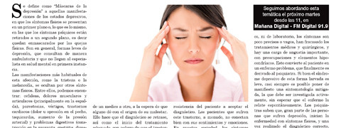 imagen de parte de una pagina de diario, con columnas de texto y una imagen de una mujer con los ojos cerrados que se agarra la cabeza con las dos manos